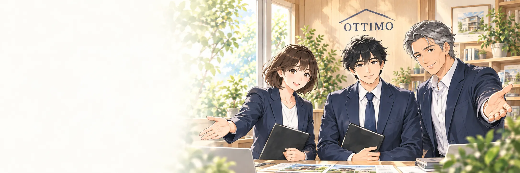 壁に「OTTIMO」の看板がある相談室で、オッティモのスタッフ3人が笑顔で迎えているイラスト